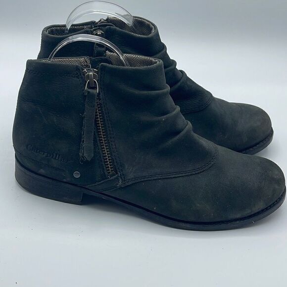 Caterpillar Women's Ankle Booties Double Zip Boots Ruched Leather Black Size 7 - Picture 3 of 16